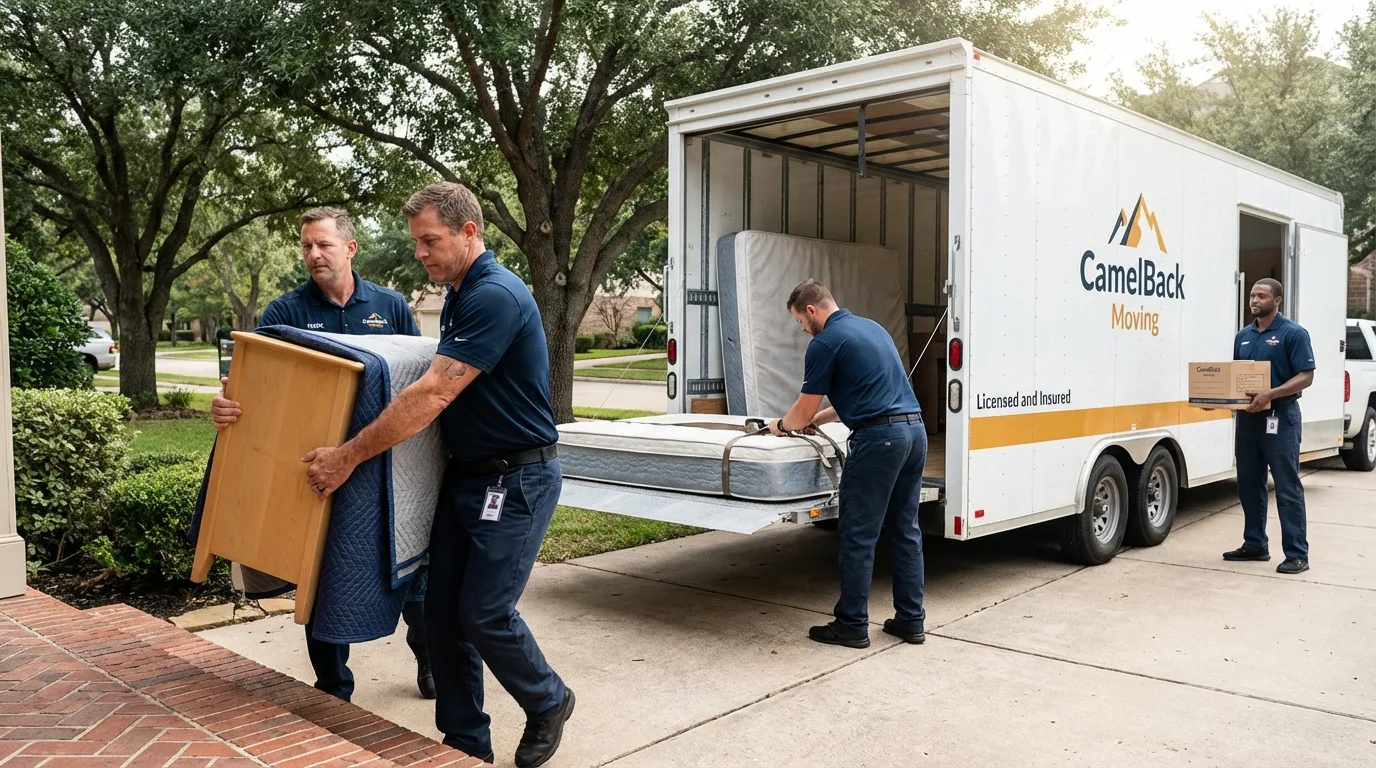Crew loading residential truck for cross-state move from San Luis, AZ