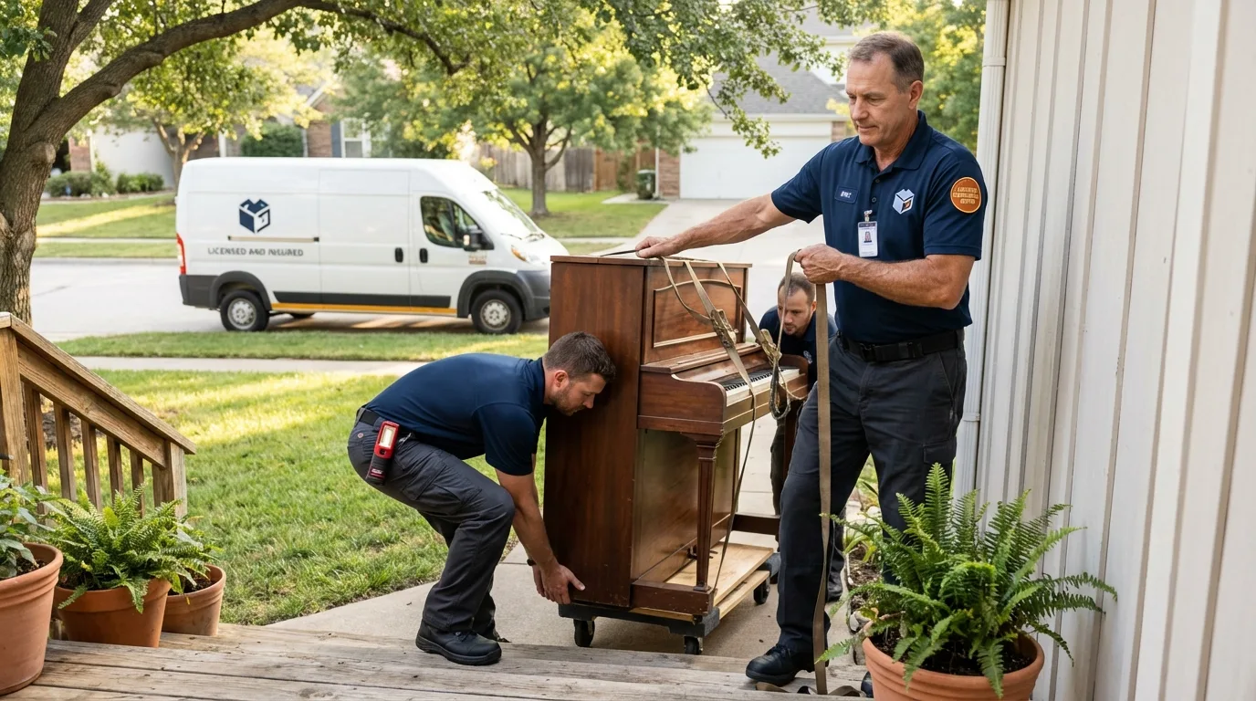 Licensed piano movers securing grand piano in San Luis, AZ