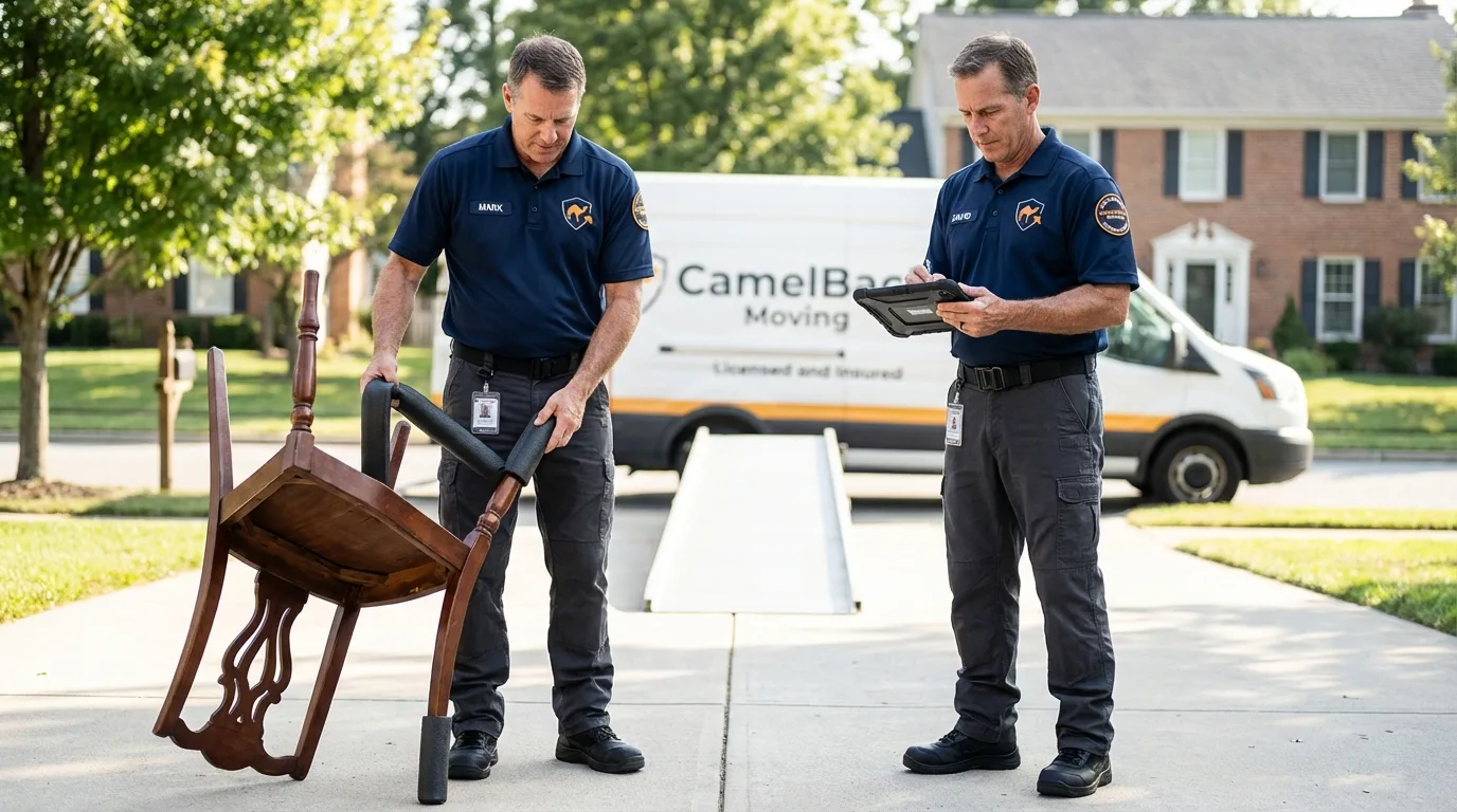 Movers inspecting furniture for damage prevention before loading in San Luis, AZ